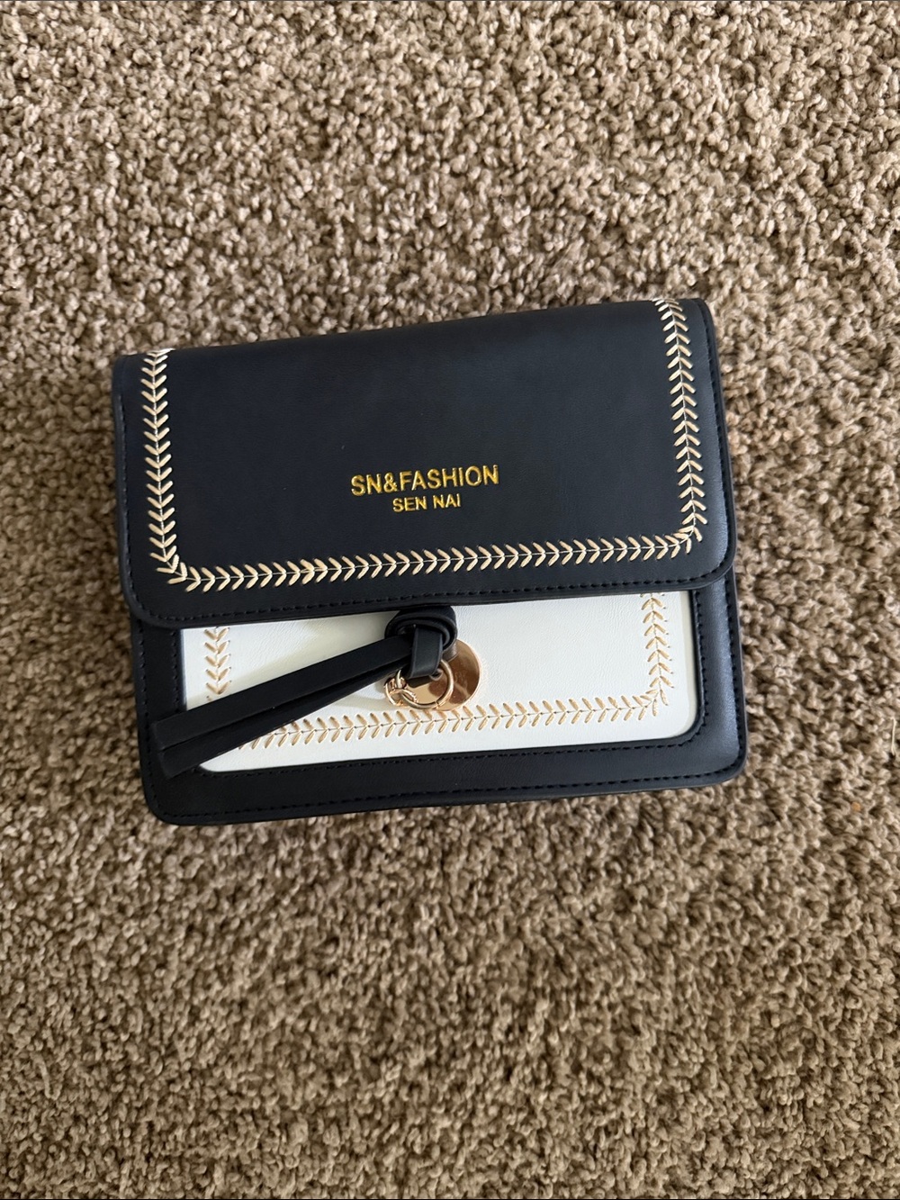 Black and White Decorative Stitch Crossbody Bag